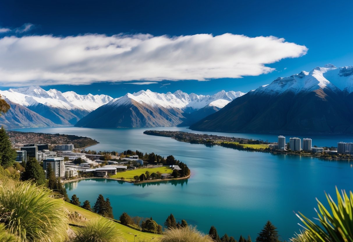 A panoramic view of Queenstown, New Zealand, with snow-capped mountains, a crystal-clear lake, and lush greenery