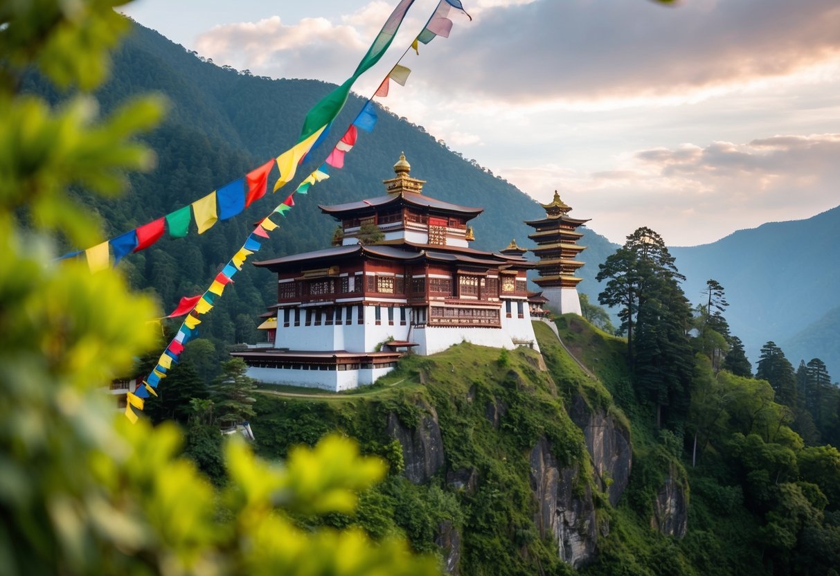 A serene mountain temple surrounded by lush greenery, with colorful prayer flags fluttering in the breeze