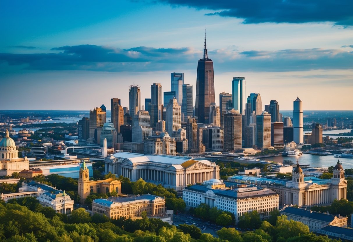 A bustling city skyline with iconic landmarks and diverse architecture, surrounded by natural landscapes and cultural attractions