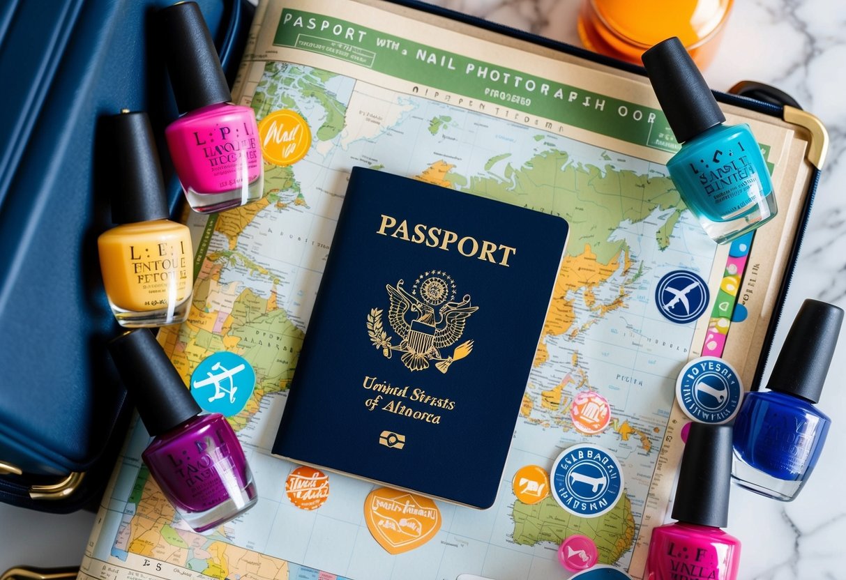 A map, passport, and suitcase surrounded by colorful nail polish bottles and travel-themed stickers