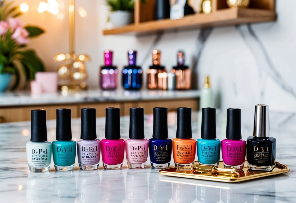 A colorful array of nail polish bottles and travel-themed accessories arranged on a marble countertop
