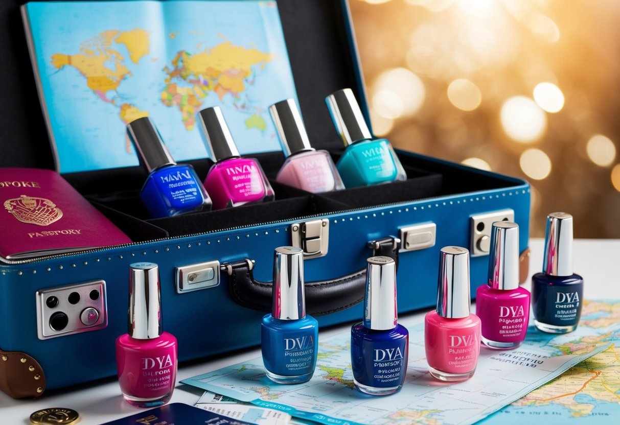 A vibrant suitcase filled with colorful nail polish bottles, surrounded by travel-themed accessories like a passport, map, and plane tickets