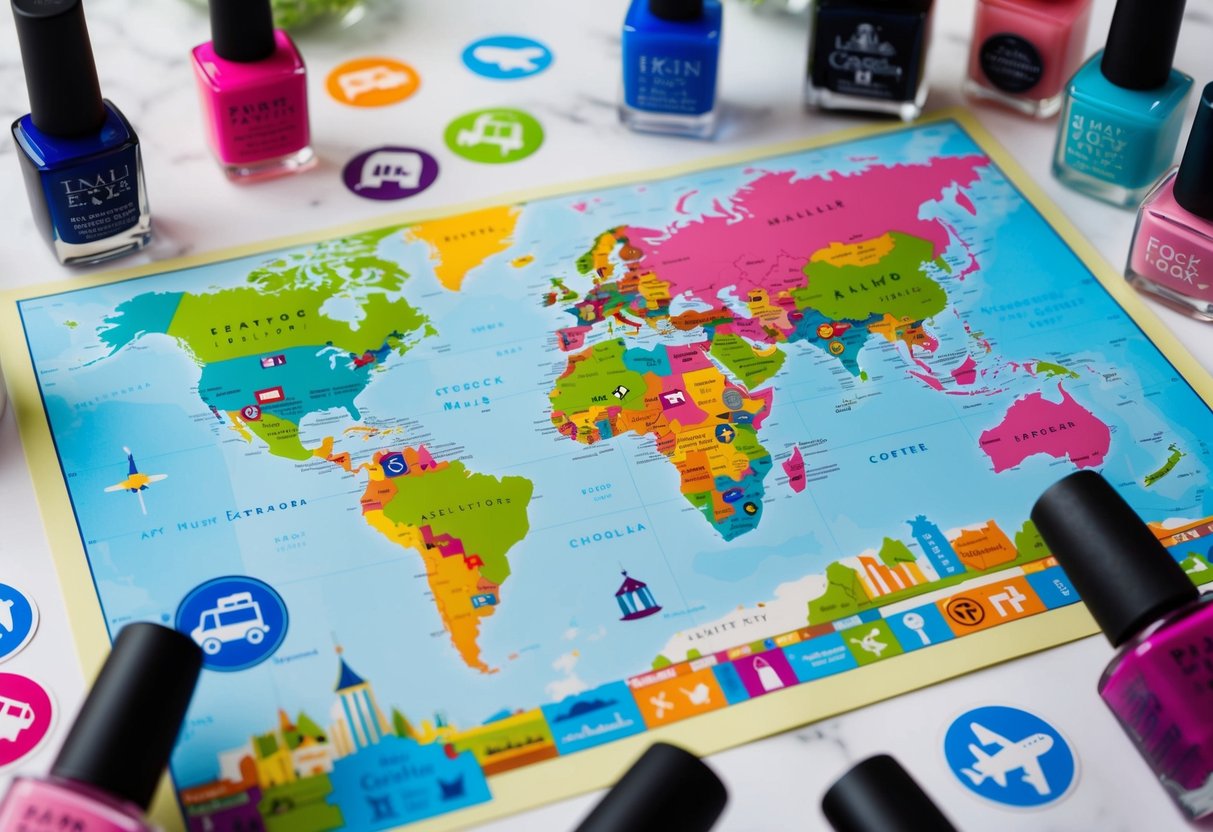 A colorful map with landmarks and transportation symbols, surrounded by vibrant nail polish bottles and travel-themed decals