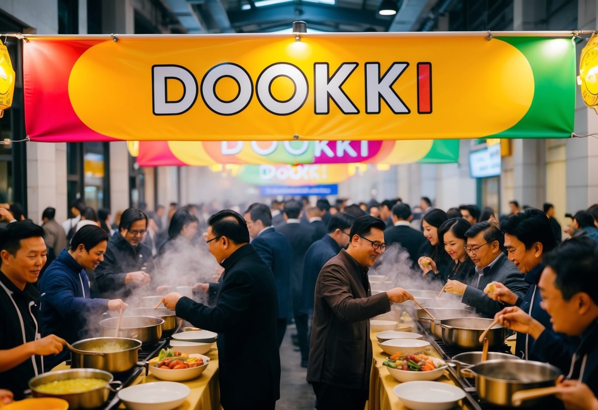 A colorful banner with the Dookki logo hangs above a bustling food promotion event. Tables are filled with steaming pots and excited customers