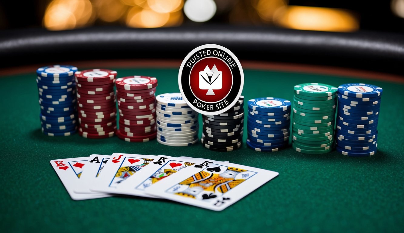 Sekelompok chip poker dan kartu remi yang disusun di atas meja felt hijau dengan logo situs poker online terpercaya