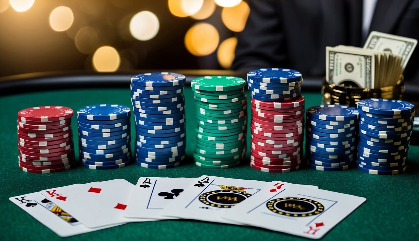 Sekelompok chip poker dan kartu remi yang disusun di atas meja felt hijau, dengan tombol dealer dan tumpukan uang tunai di latar belakang