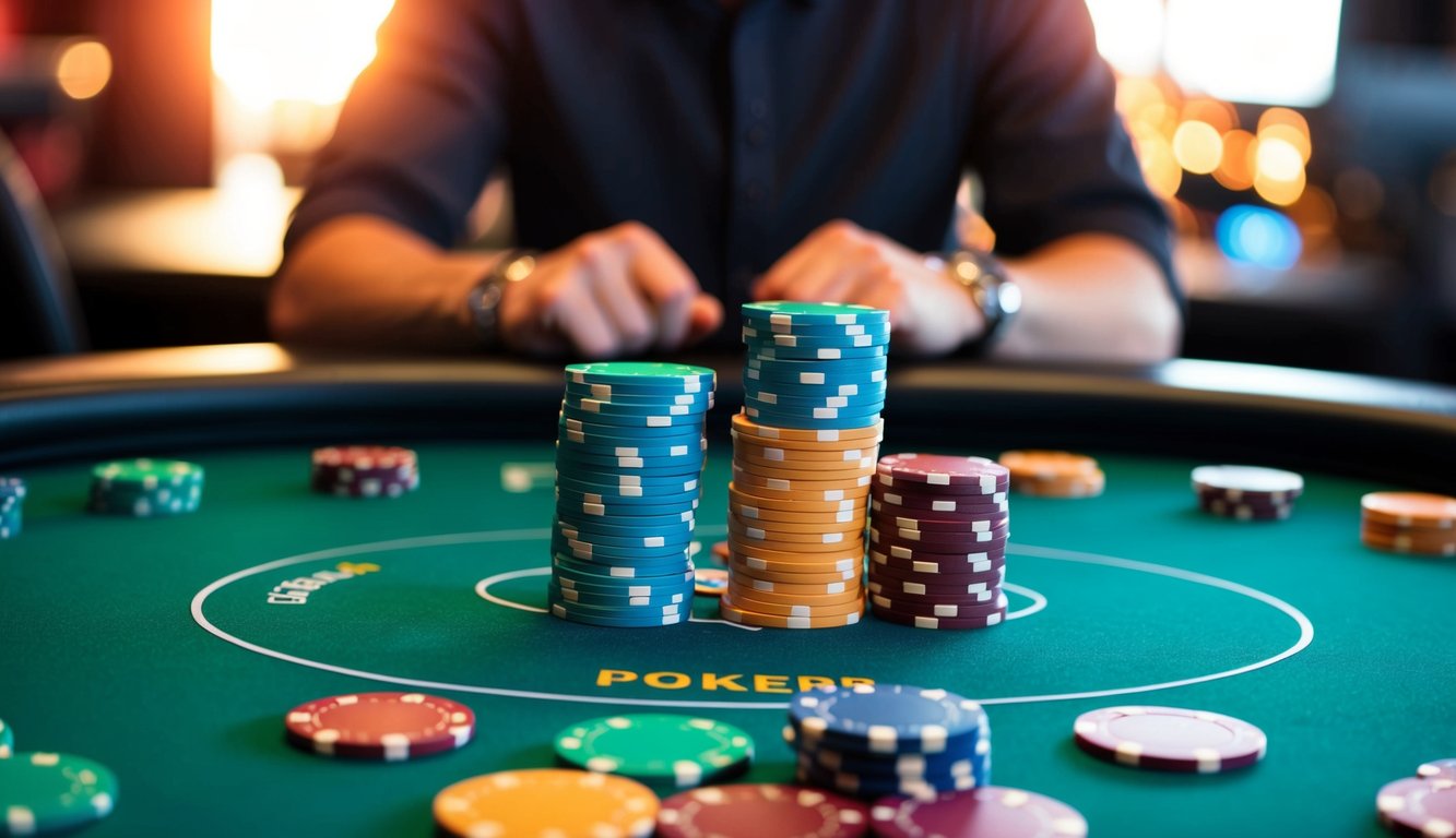 Sebuah meja poker online yang hidup dengan antarmuka yang ramping dan tumpukan chip berwarna-warni