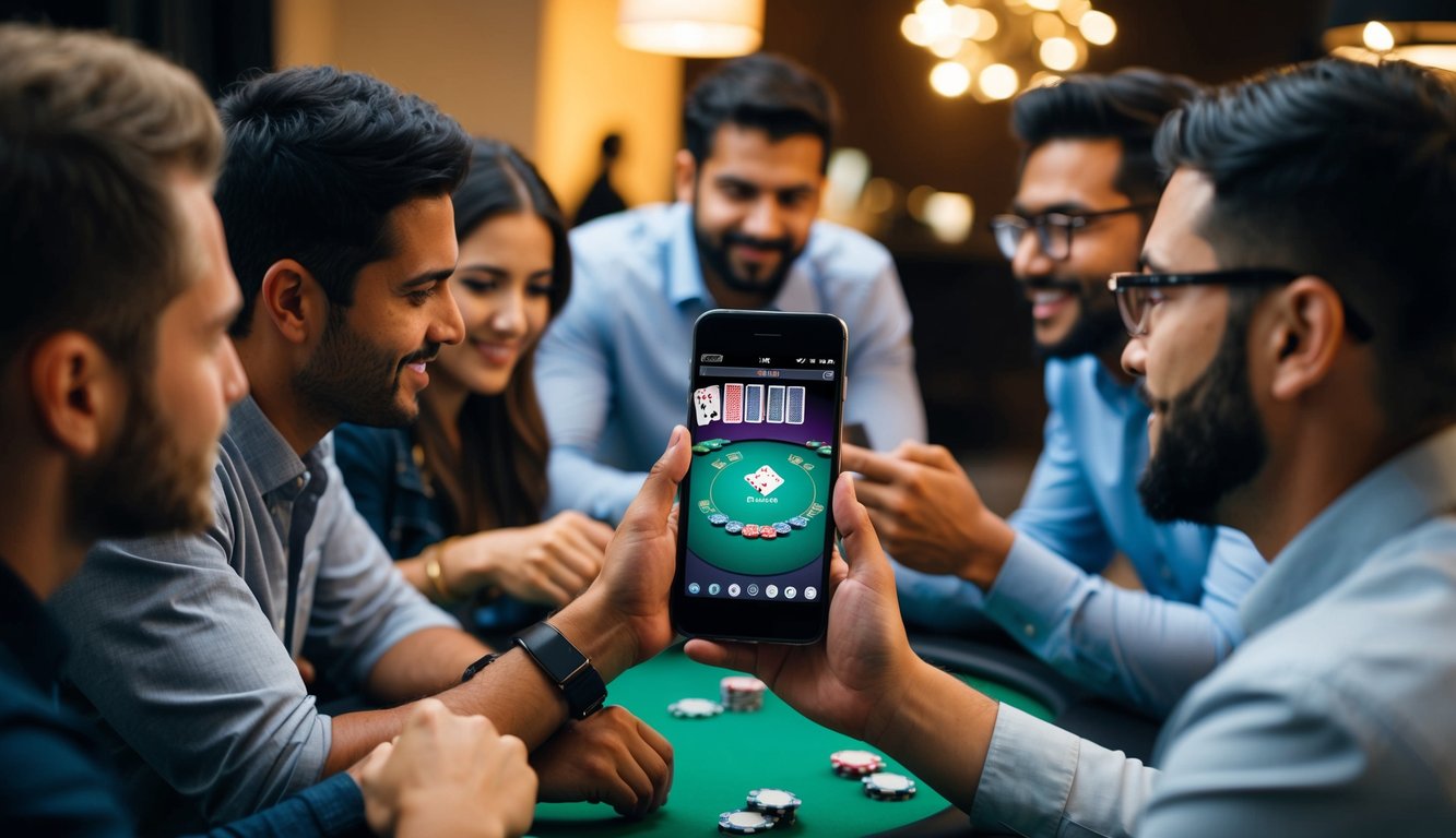 Sekelompok orang berkumpul di sekitar smartphone, bermain poker online di perangkat android. Layar menunjukkan meja poker virtual dengan kartu dan chip.