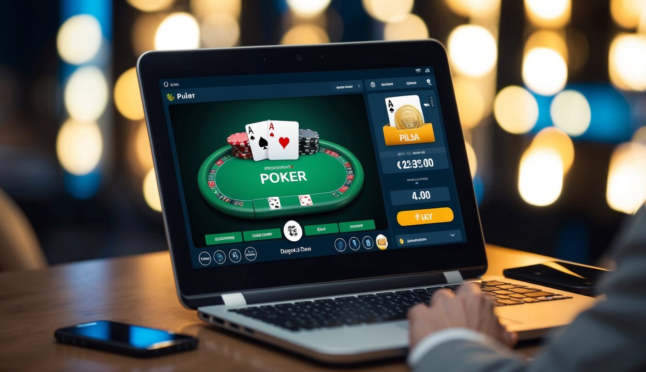 Sebuah perangkat digital yang menampilkan permainan poker, dengan telepon seluler di dekatnya untuk melakukan setoran menggunakan pulsa