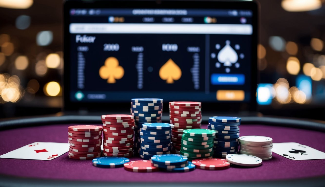 Sekelompok chip poker dan kartu yang disusun di atas meja, dengan antarmuka digital di latar belakang, menunjukkan permainan poker online tanpa bot