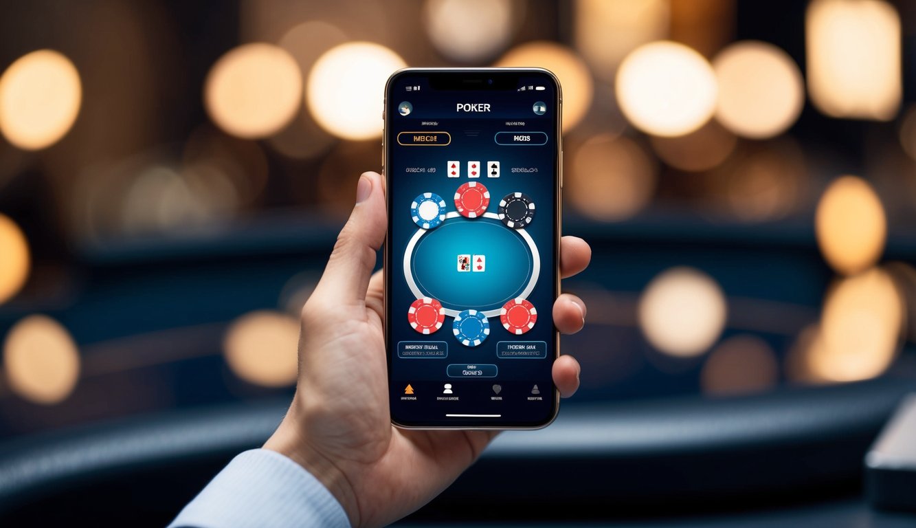 Sebuah smartphone yang menampilkan aplikasi permainan poker dengan chip virtual, kartu, dan antarmuka yang ramping