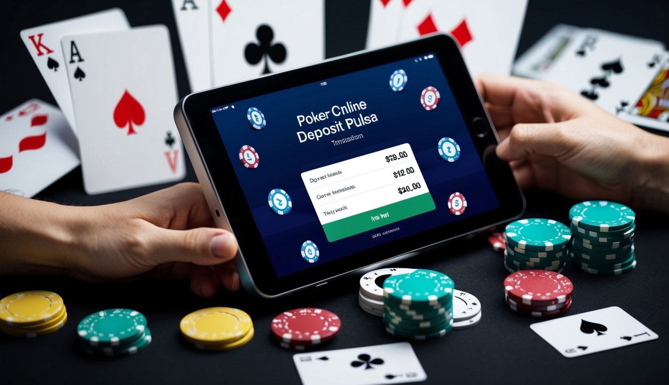 Sebuah perangkat digital yang menampilkan transaksi deposit pulsa poker online, dikelilingi oleh chip kasino virtual dan kartu bermain