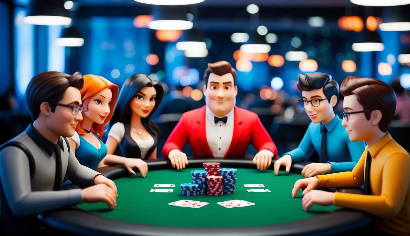 Sekelompok karakter animasi bermain poker online tanpa menggunakan uang.