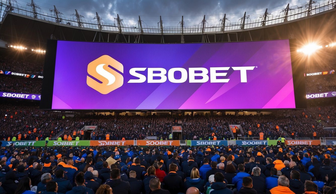 Sebuah stadion yang ramai dengan layar besar yang menampilkan logo SBOBET dan berkedip menampilkan odds tertinggi untuk taruhan online