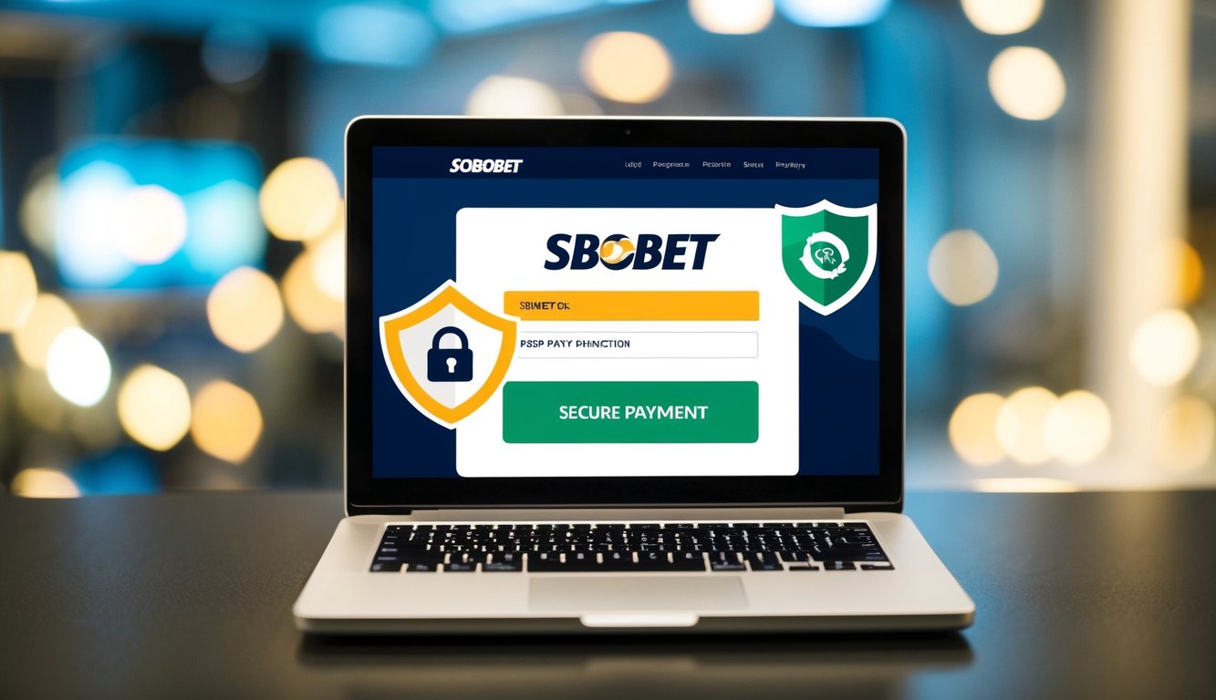 Sebuah laptop yang menampilkan situs web SBOBET dengan ikon pembayaran yang aman dan simbol transaksi cepat, dikelilingi oleh perisai untuk keamanan