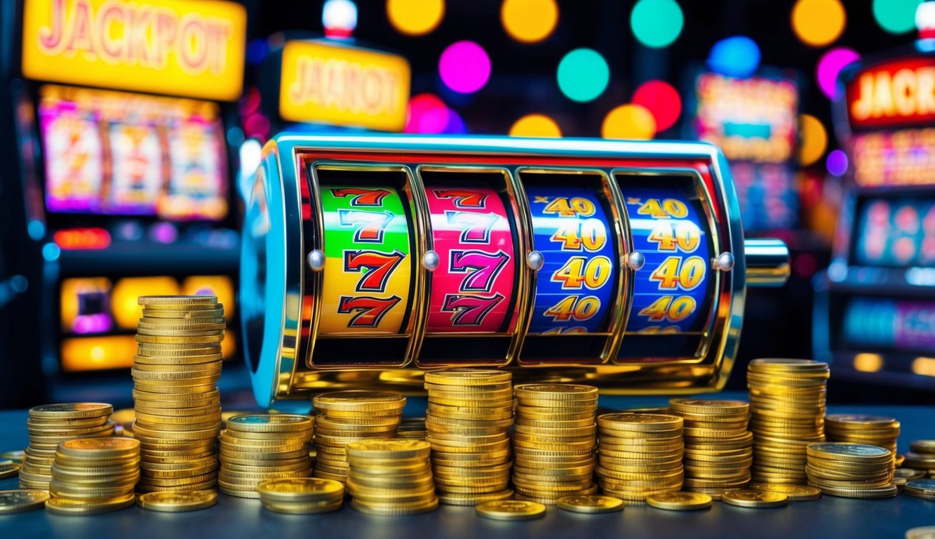 Sebuah mesin slot online yang berwarna-warni dan cerah dengan lampu berkedip dan gulungan berputar, dikelilingi oleh tumpukan koin emas dan tampilan jackpot besar.