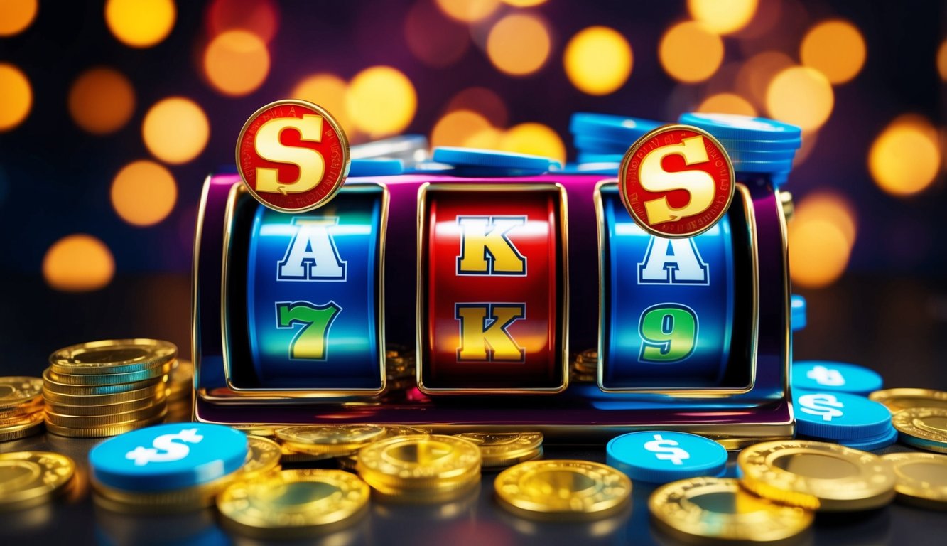 Mesin slot online berwarna-warni dikelilingi oleh simbol bonus yang bersinar dan koin