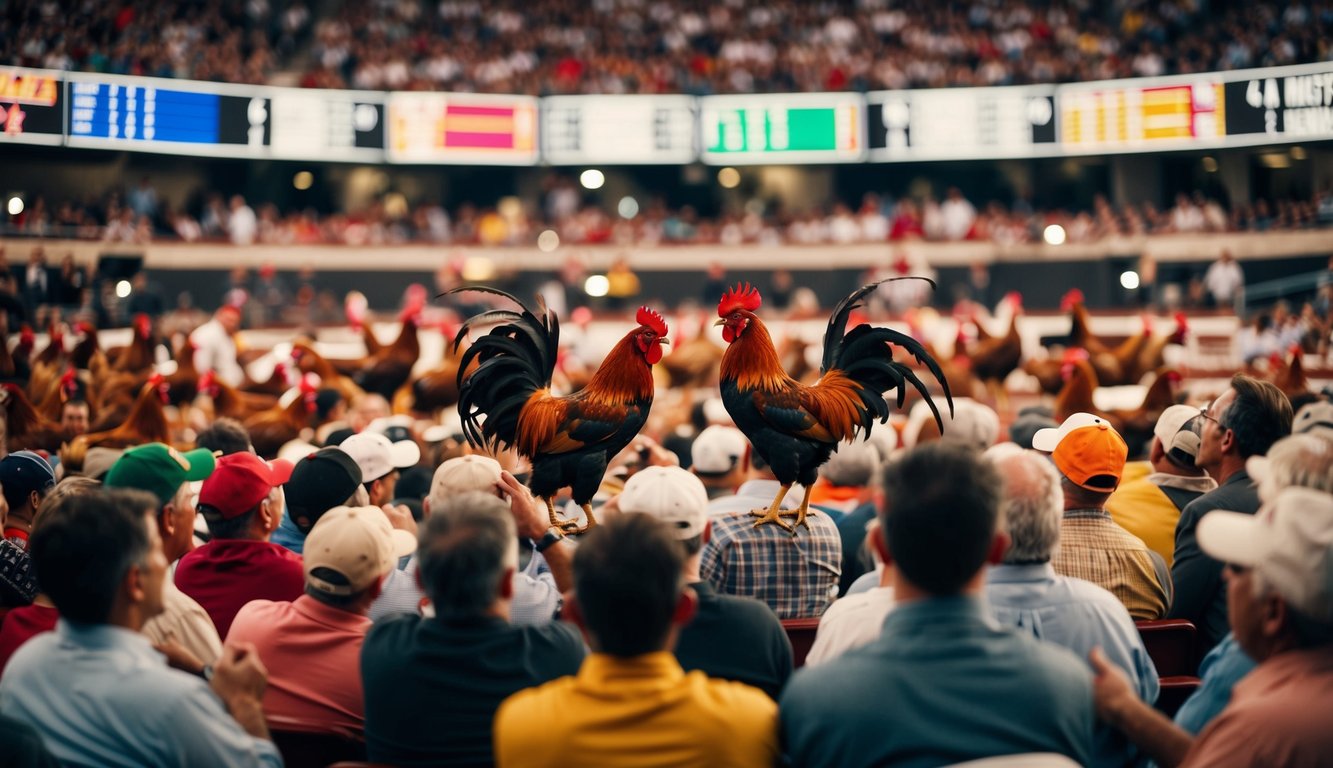 Sebuah arena yang ramai dengan ayam jantan bertarung, dikelilingi oleh penonton yang antusias dan tempat taruhan.