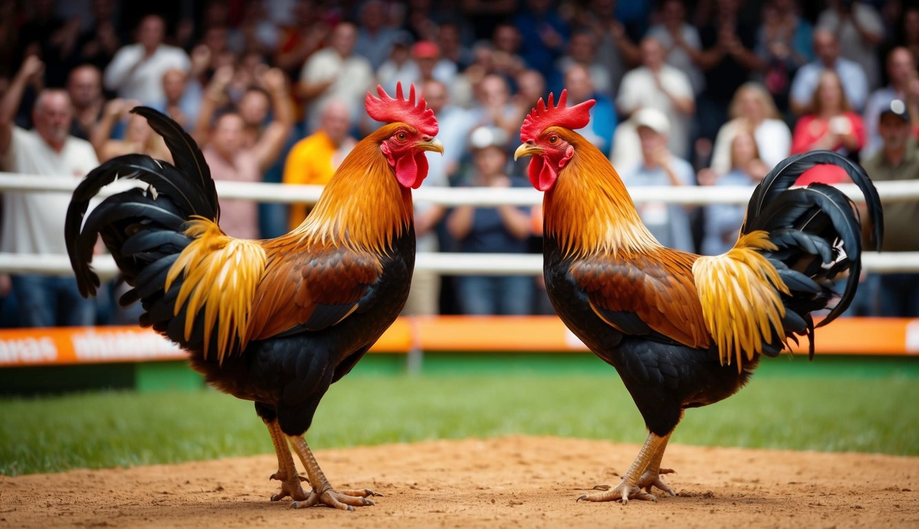 Dua ayam jantan berhadapan di arena yang ramai, dikelilingi oleh penonton yang bersorak, dengan kamera siaran langsung menangkap pertandingan yang intens