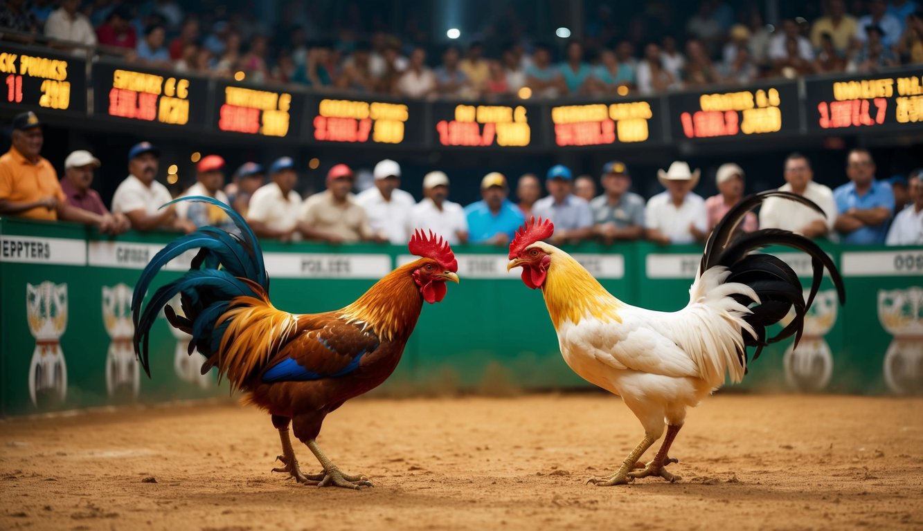 Sebuah arena sabung ayam dengan ayam jantan berwarna-warni yang saling berhadapan, dikelilingi oleh penonton yang bersorak dan bandar taruhan yang menampilkan odds tinggi