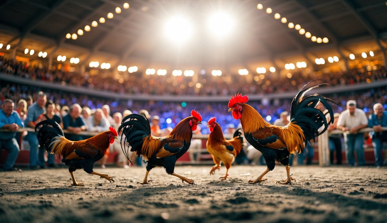 Sebuah arena terbuka yang ramai dengan ayam jantan bertarung, dikelilingi oleh penonton yang antusias dan diterangi oleh lampu-lampu terang