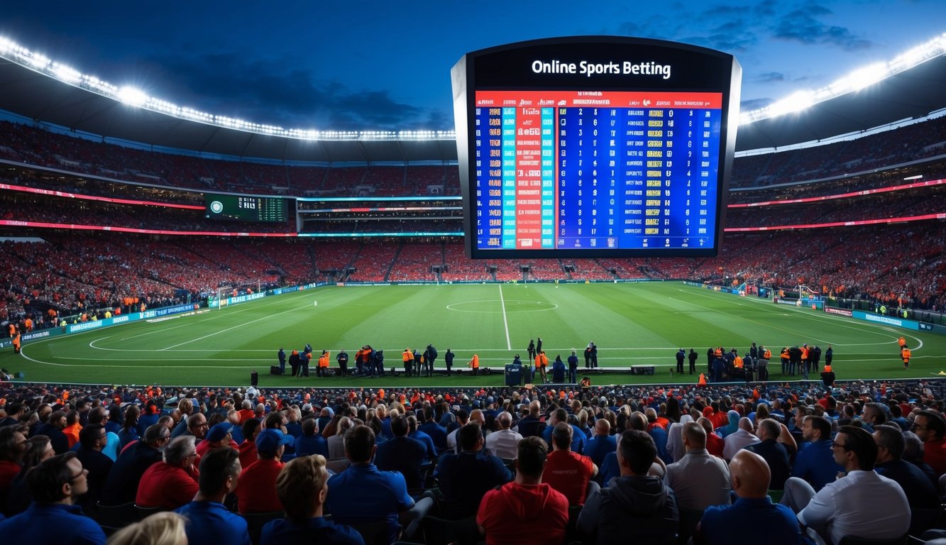 Sebuah stadion yang ramai dengan layar digital besar yang menampilkan odds yang berfluktuasi untuk taruhan olahraga online