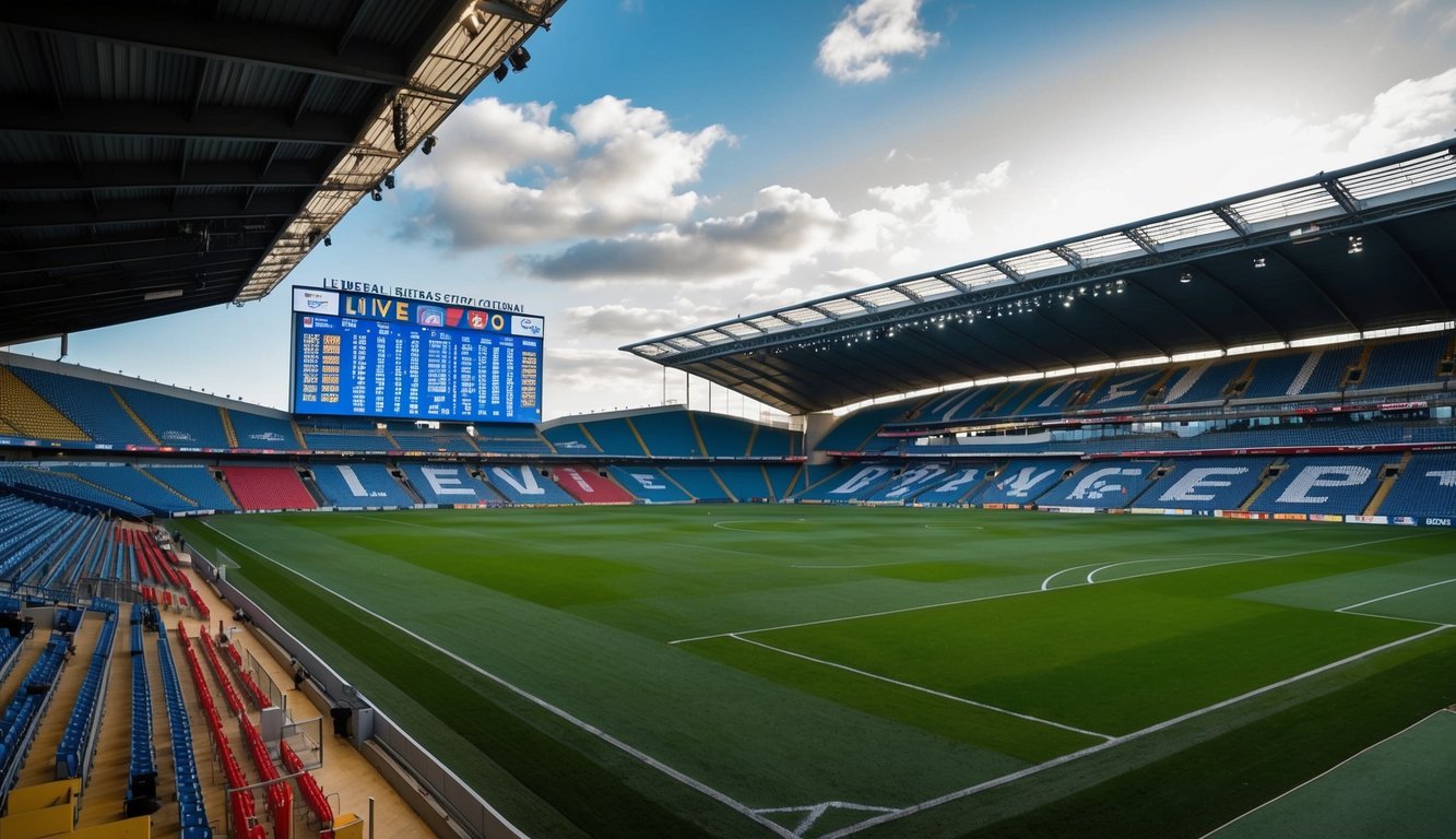 Sebuah stadion sepak bola dengan layar digital besar yang menampilkan peluang taruhan langsung