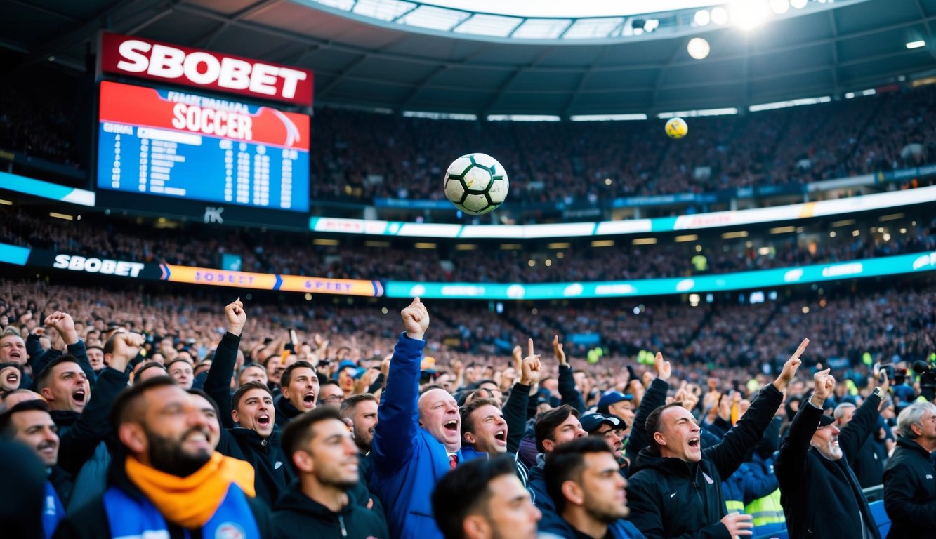 Sebuah stadion yang ramai dengan penggemar yang bersorak, sebuah bola sepak terbang di udara, dan papan skor yang menampilkan odds yang menguntungkan untuk SBOBET