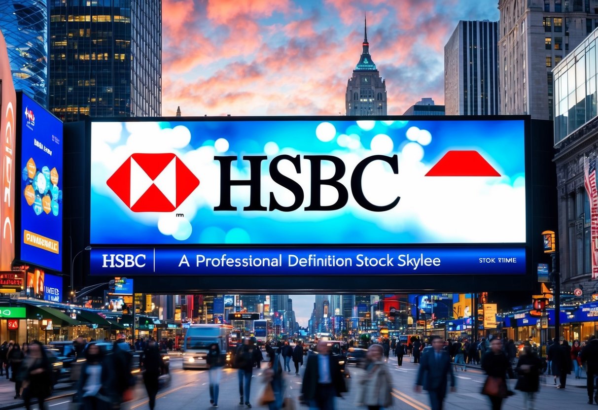 A vibrant city skyline with the HSBC logo prominently displayed on a large digital billboard, surrounded by bustling streets and a diverse range of people and activities