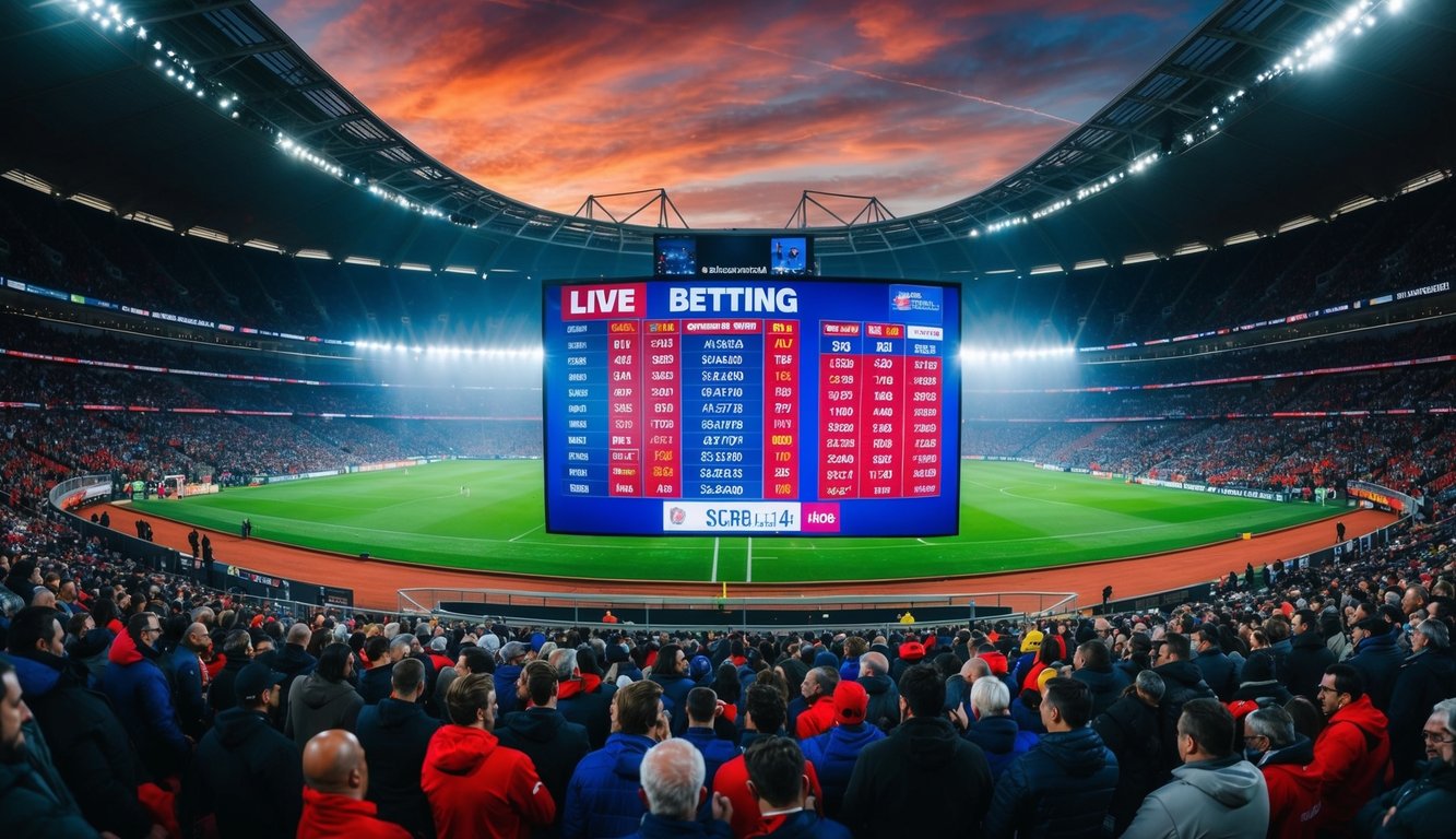 Sebuah stadion olahraga yang ramai dengan layar besar menampilkan odds taruhan langsung