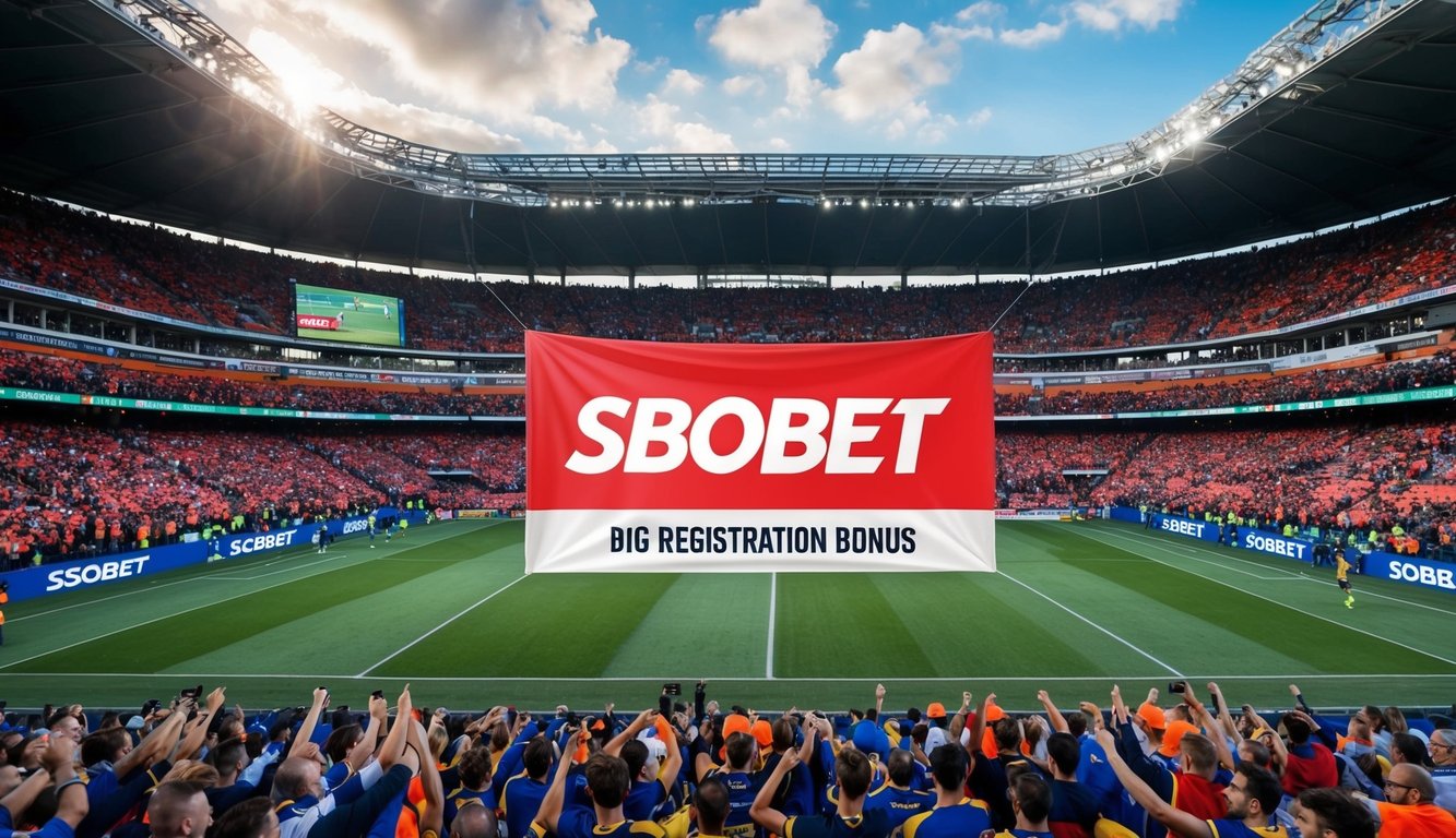 Sebuah stadion olahraga yang ramai dengan penggemar yang bersorak dan spanduk besar yang mengiklankan SBOBET dengan bonus pendaftaran besar