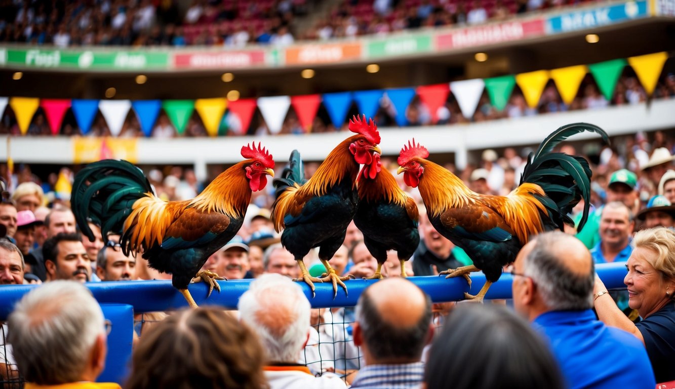 Sebuah arena yang ramai dengan ayam jantan bertarung, dikelilingi oleh penonton yang antusias dan spanduk berwarna-warni