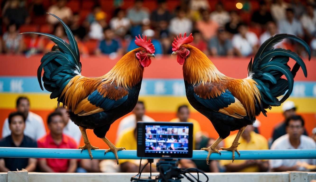 Dua ayam jantan saling berhadapan di arena sabung ayam tradisional, dikelilingi oleh kerumunan, dengan peralatan siaran langsung yang terlihat