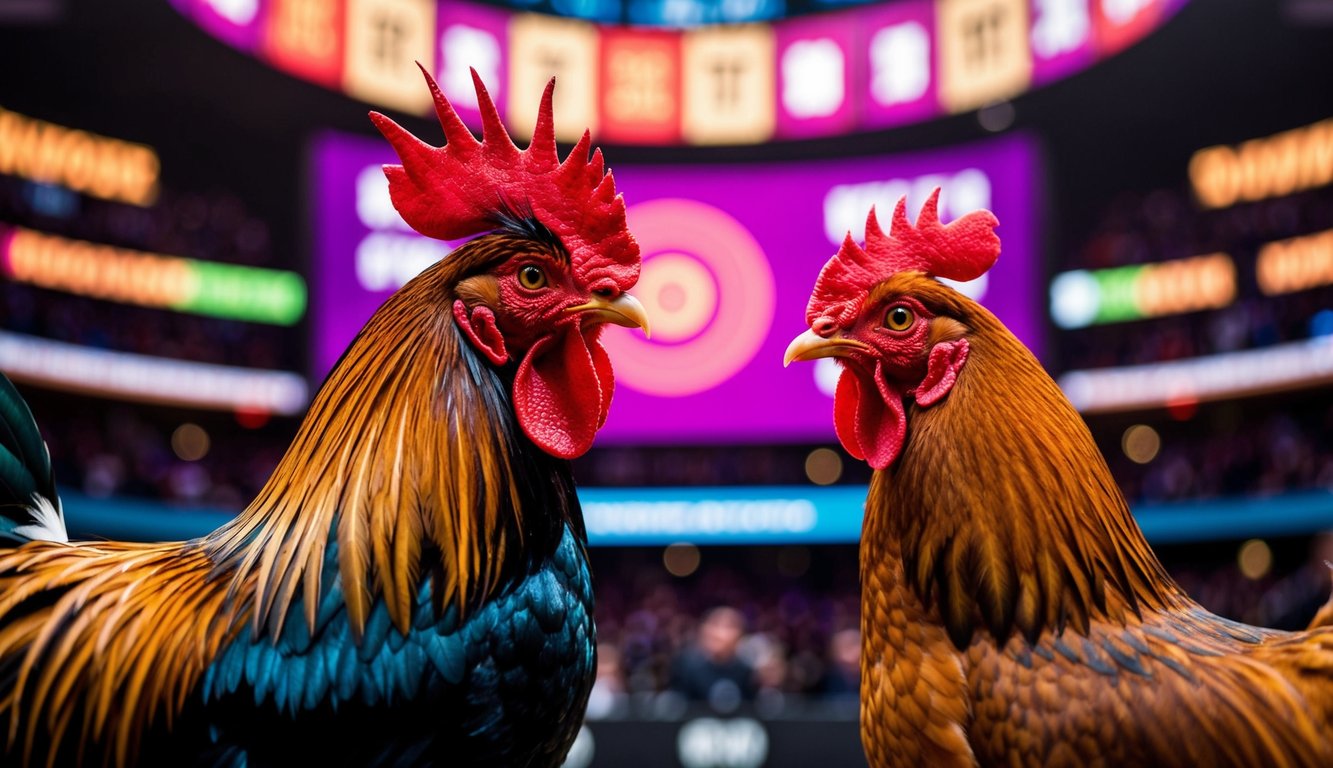 Seekor ayam jantan dan seekor ayam betina saling berhadapan di arena online yang ramai dan penuh warna dengan peluang yang ditampilkan secara mencolok