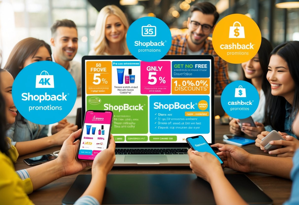 A colorful display of ShopBack promotions with various products and discounts, surrounded by happy customers using the app to earn cashback
