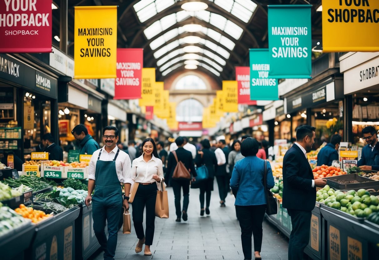 A busy marketplace with various shops and banners promoting "Maximising Your Savings" and "Shopback" promotions