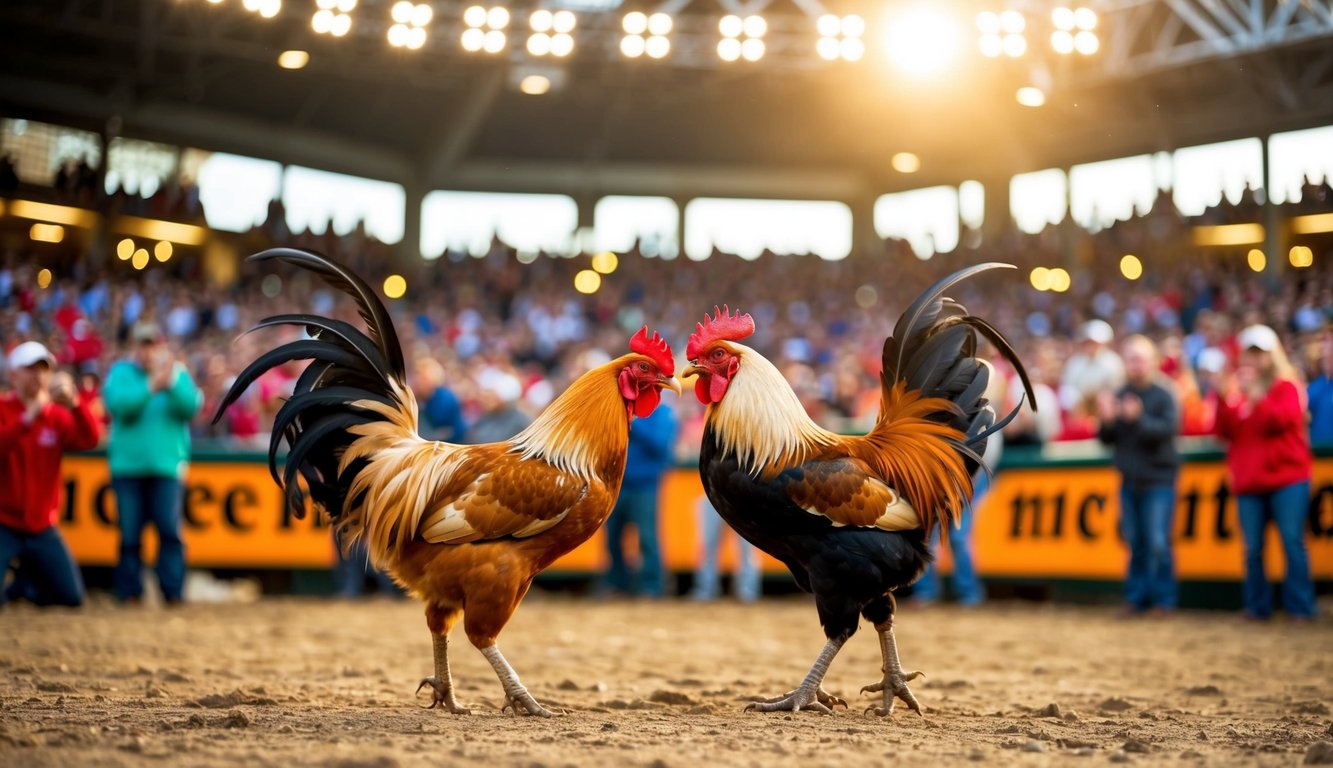 Sebuah arena luar ruangan yang penuh sesak dengan ayam jantan yang bertarung, dikelilingi oleh penonton yang antusias dan lampu yang terang