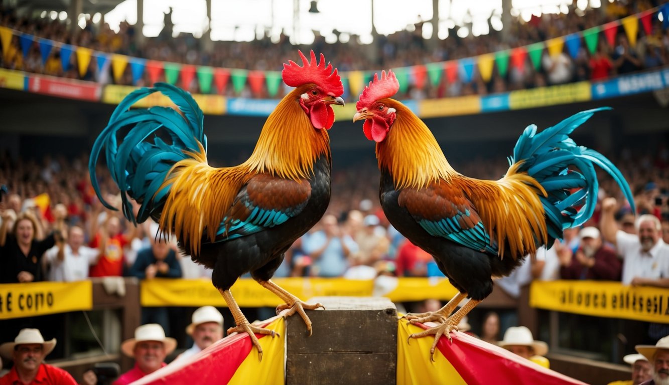 Dua ayam jantan bertarung di arena yang ramai, dikelilingi oleh penonton yang bersorak dan spanduk berwarna-warni