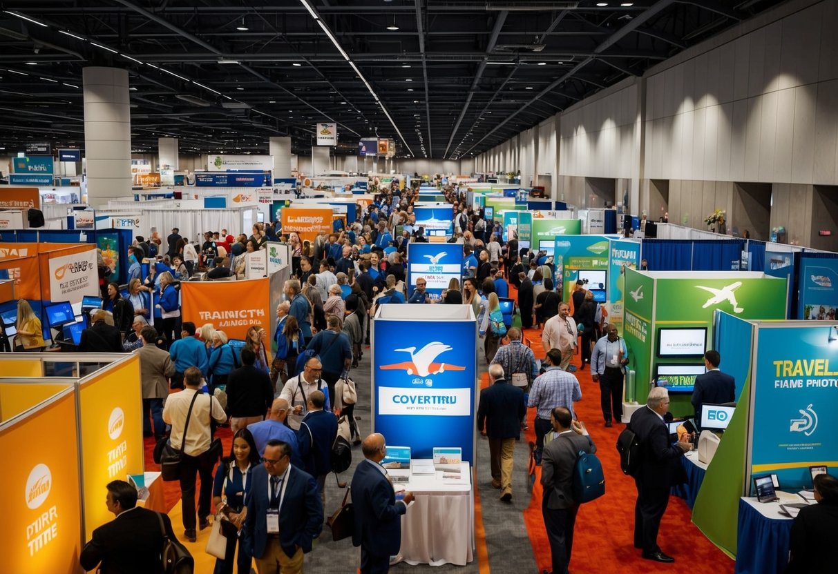 A bustling convention center filled with colorful booths and excited attendees exploring travel deals and promotions