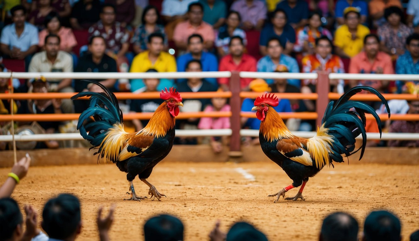 Sebuah arena yang ramai dengan ayam jantan berbulu warna-warni yang berhadapan dalam pertandingan Sabung Ayam Online tradisional, dikelilingi oleh penonton yang antusias.