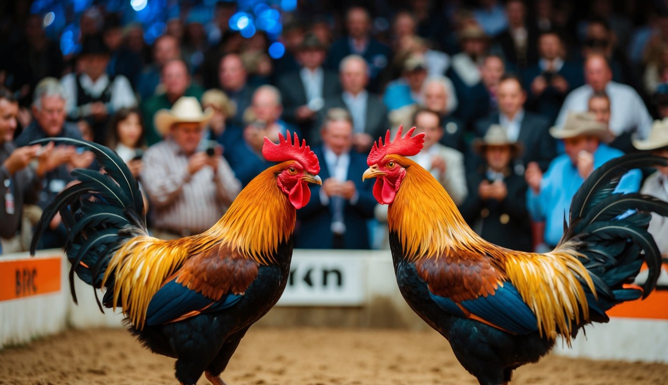 Dua ayam jantan berhadapan di arena yang ramai, dikelilingi oleh penonton yang memasang berbagai taruhan