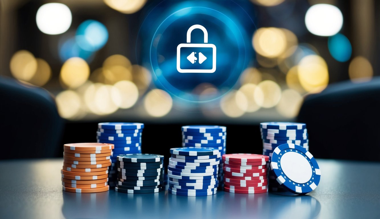 Sekelompok chip poker dan kartu bermain yang disusun di atas meja modern yang ramping dengan simbol pembayaran online yang aman di latar belakang