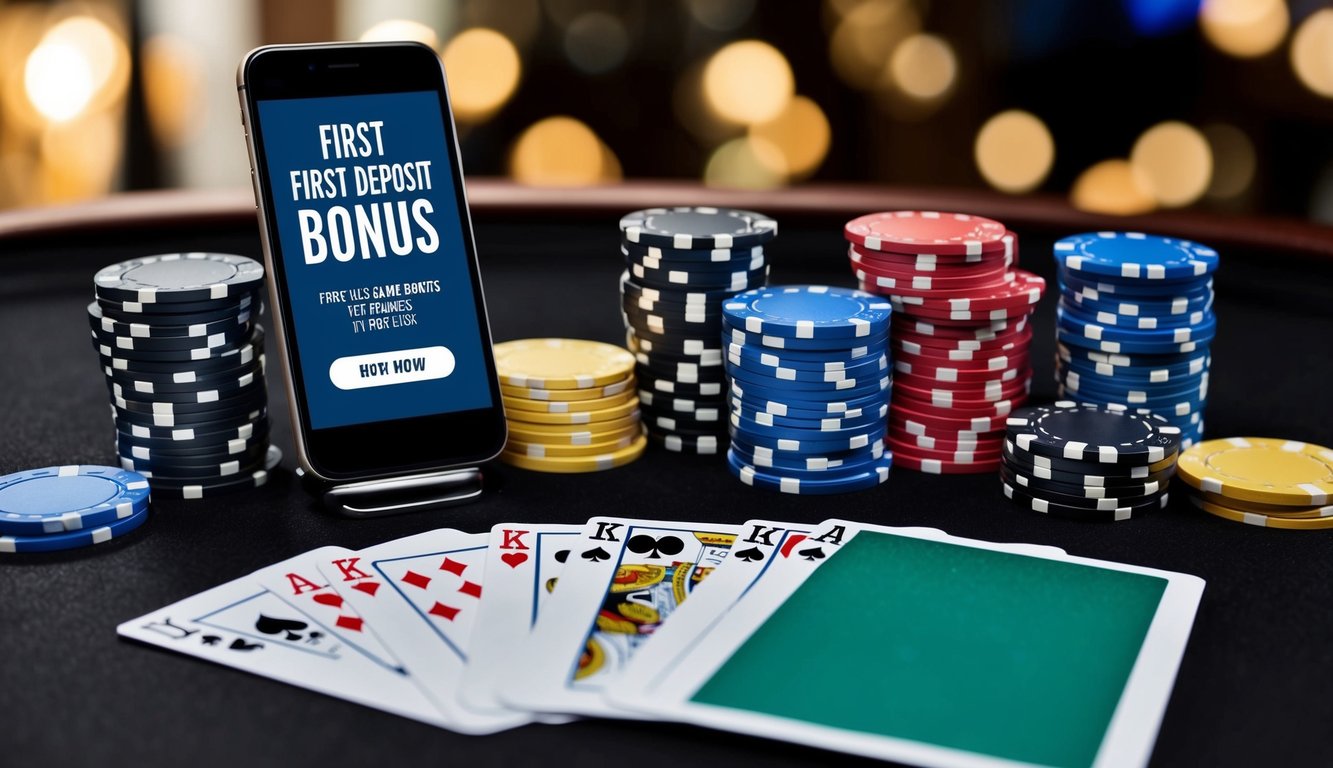 Sekelompok chip poker dan kartu yang disusun di atas meja, dengan perangkat digital yang menampilkan tawaran promosi untuk bonus setoran pertama