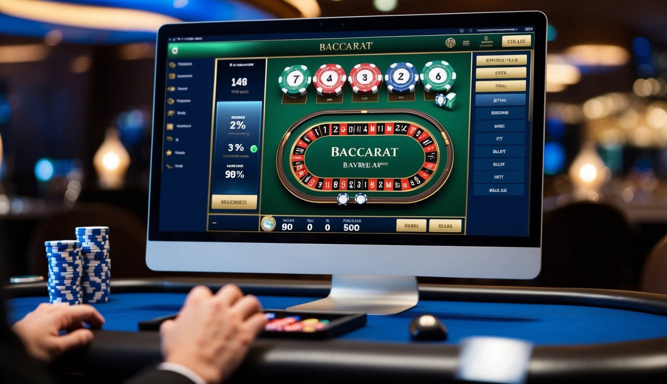 Antarmuka permainan baccarat online yang ramping dengan fitur statistik waktu nyata yang ditampilkan di layar digital