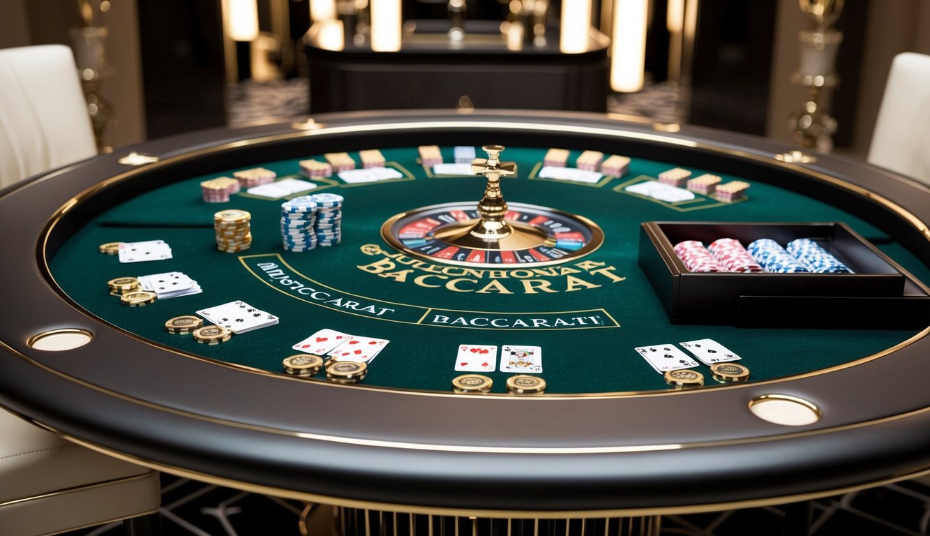 Sebuah meja baccarat mewah dengan chip dan kartu, dikelilingi oleh dekorasi elegan dan suasana modern yang ramping