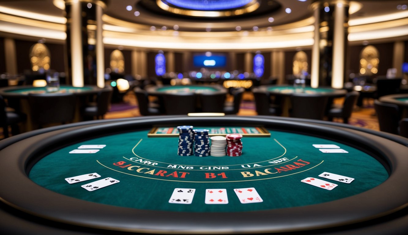 Sebuah meja baccarat online yang ramping dan modern dengan chip dan kartu, dikelilingi oleh latar belakang suasana kasino yang mewah dan elegan