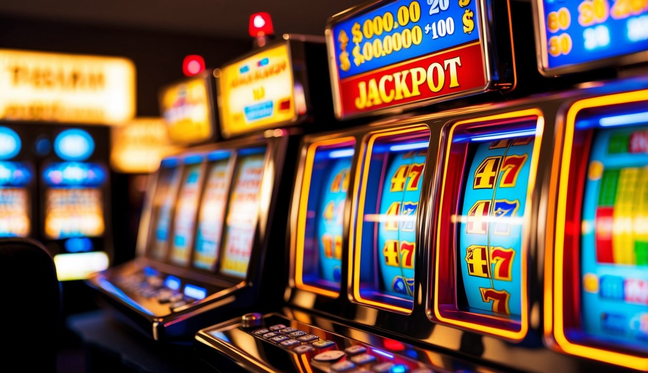 Mesin slot online yang berwarna-warni dengan lampu berkedip dan tampilan jackpot yang terus meningkat