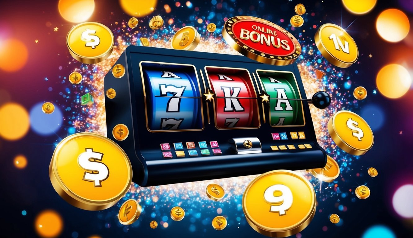 Sebuah mesin slot online berwarna-warni dikelilingi oleh simbol bonus yang berkilau dan tawaran pendaftaran yang menggoda