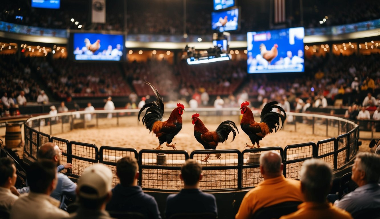 Sebuah arena yang ramai dengan ayam jantan bertarung, dikelilingi oleh penonton dan dilengkapi dengan teknologi siaran langsung