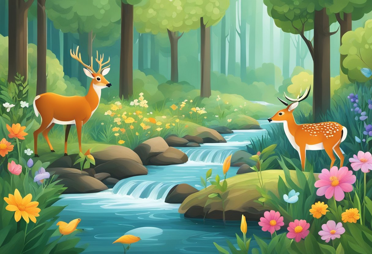 A serene forest with a small sapling being watered by a gentle stream, surrounded by vibrant flowers and animals peacefully coexisting